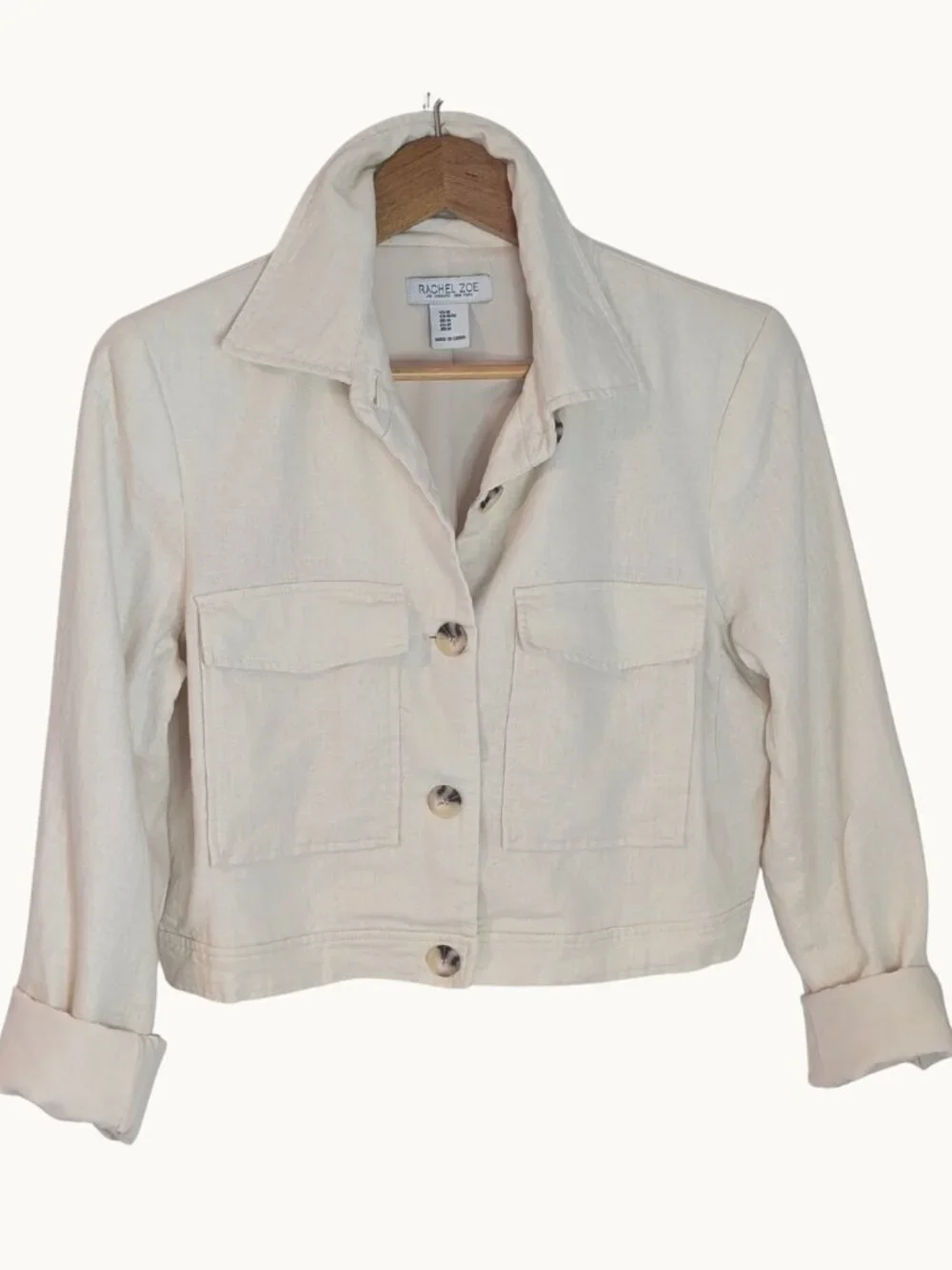 Rachel Zoe Cream Linen Cropped Utility Jacket Button Front Minimalist Chic M - Picture 3 of 12